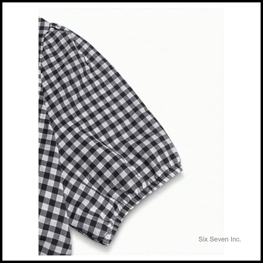 Flowy Gingham Sundress Puff Sleeve Crew Neck Midi Tiered Elegant Summer Dress - Picture 4 of 5